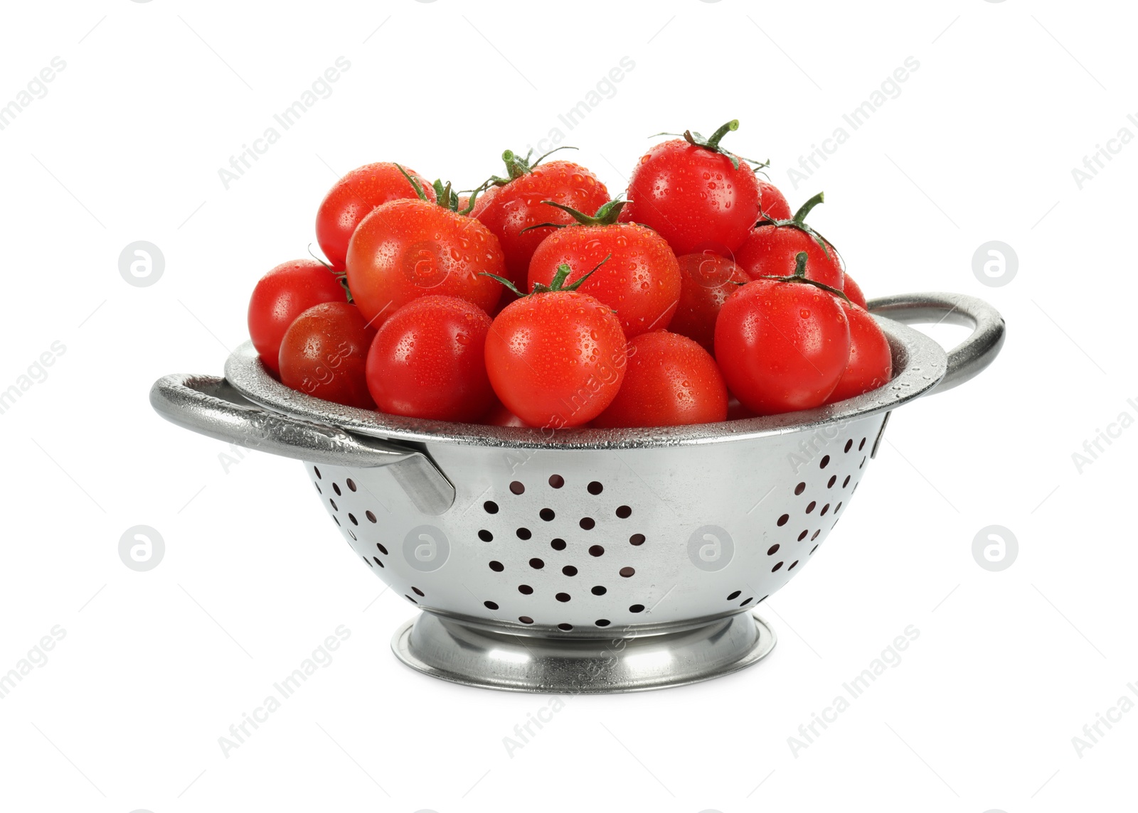 Colander with fresh ripe cherry tomatoes isolated on white Photo of Colander with fresh ripe cherry tomatoes isolated on white