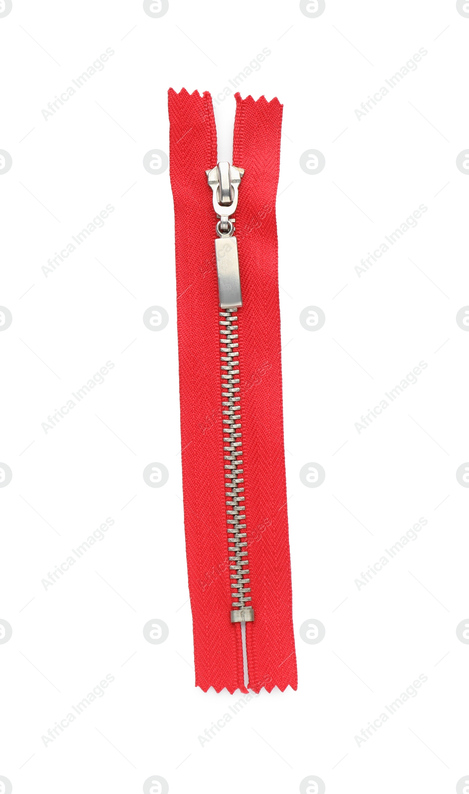 Photo of Red zipper isolated on white, top view