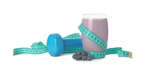 Photo of Tasty blueberry shake, fresh berries, dumbbell and measuring tape isolated on white. Weight loss