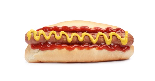Photo of Delicious hot dog with mustard and ketchup on white background