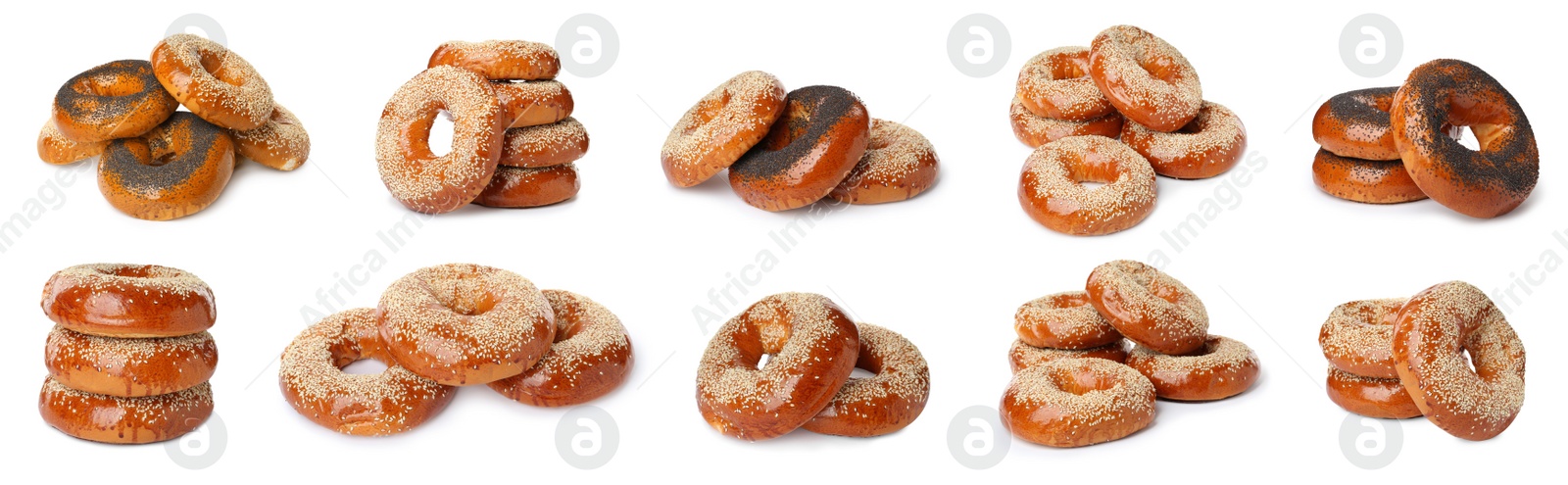 Image of Set with tasty fresh bagels on white background. Banner design