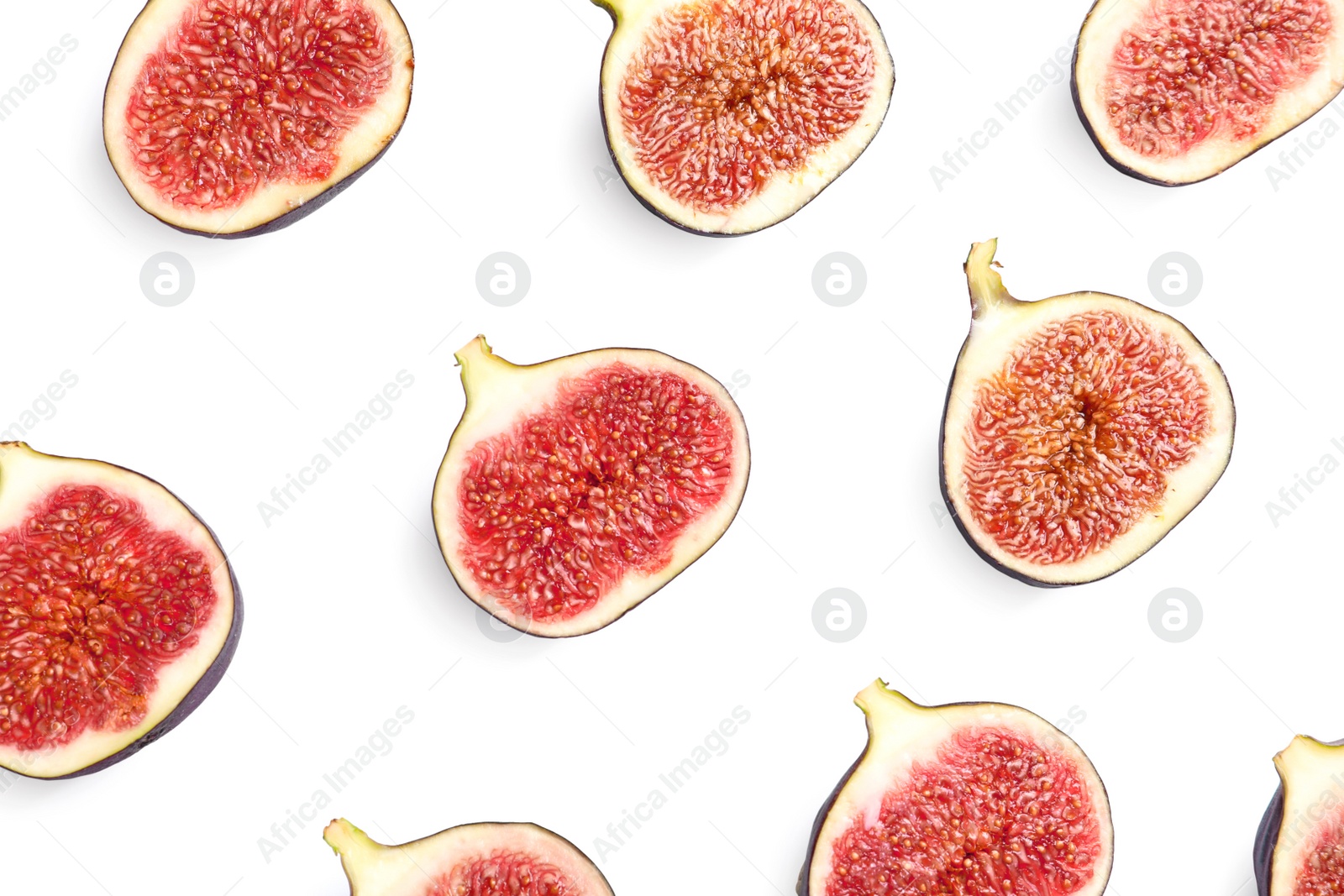 Photo of Cut ripe figs on white background, top view