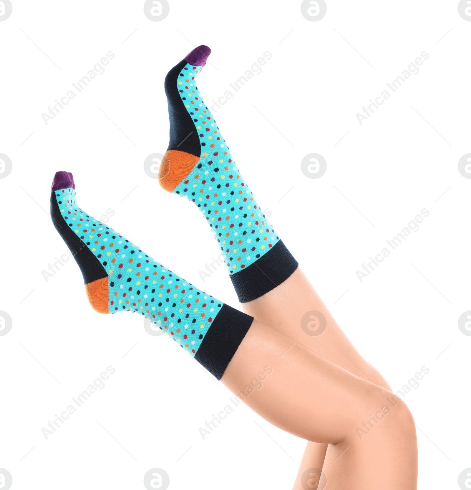 Photo of Woman in stylish socks on white background, closeup