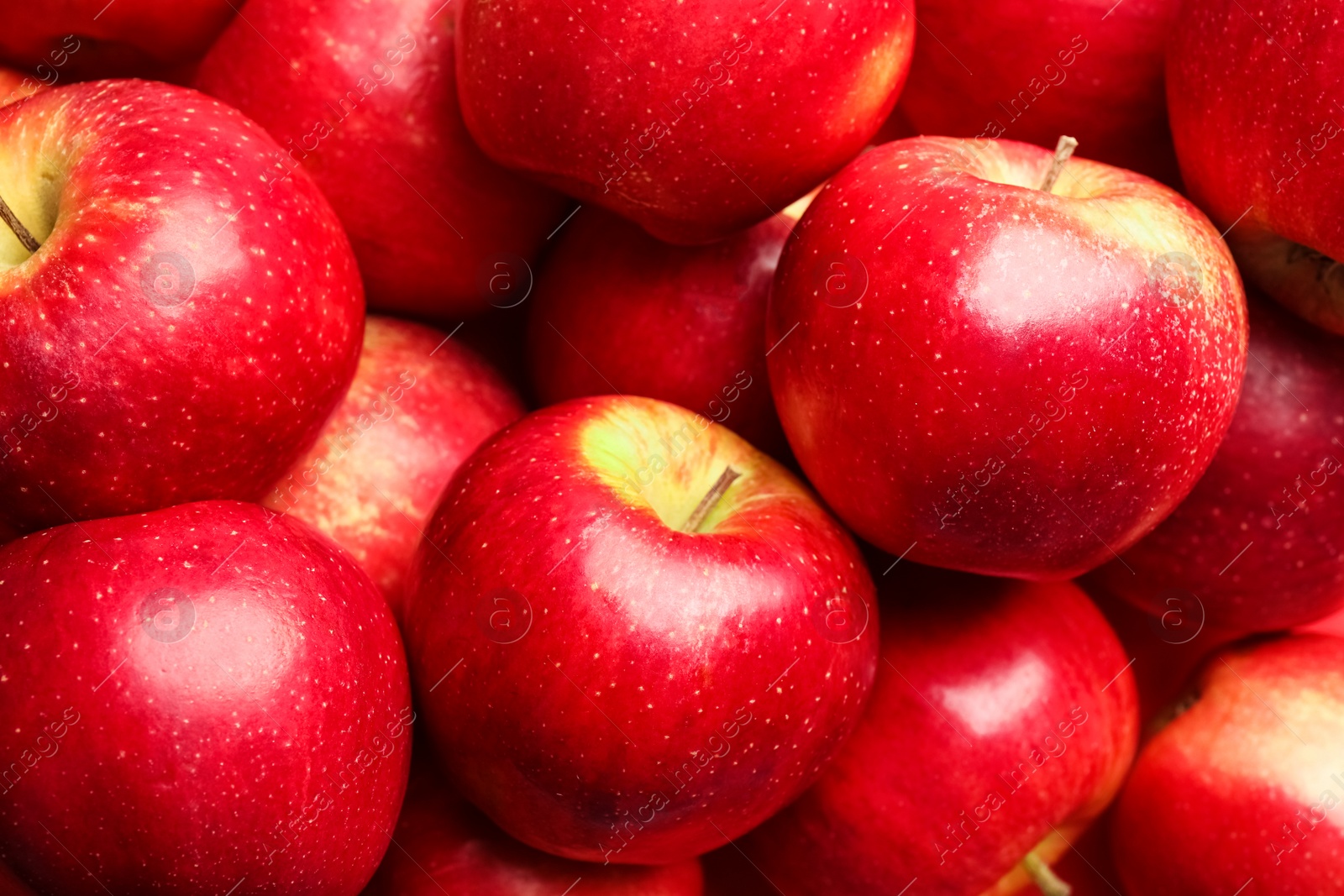 Photo of Pile of ripe red apples as background, closeup