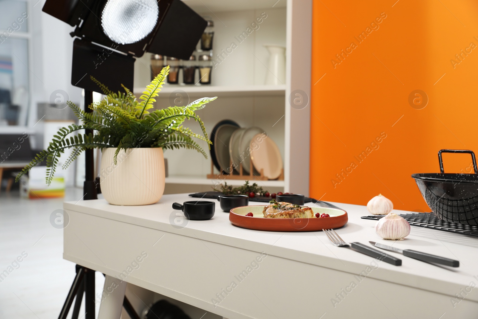 Photo of Professional equipment and composition with delicious meat medallion on white table in studio. Food photography