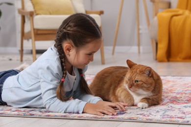 Photo of Little girl and cute ginger cat on carpet at home