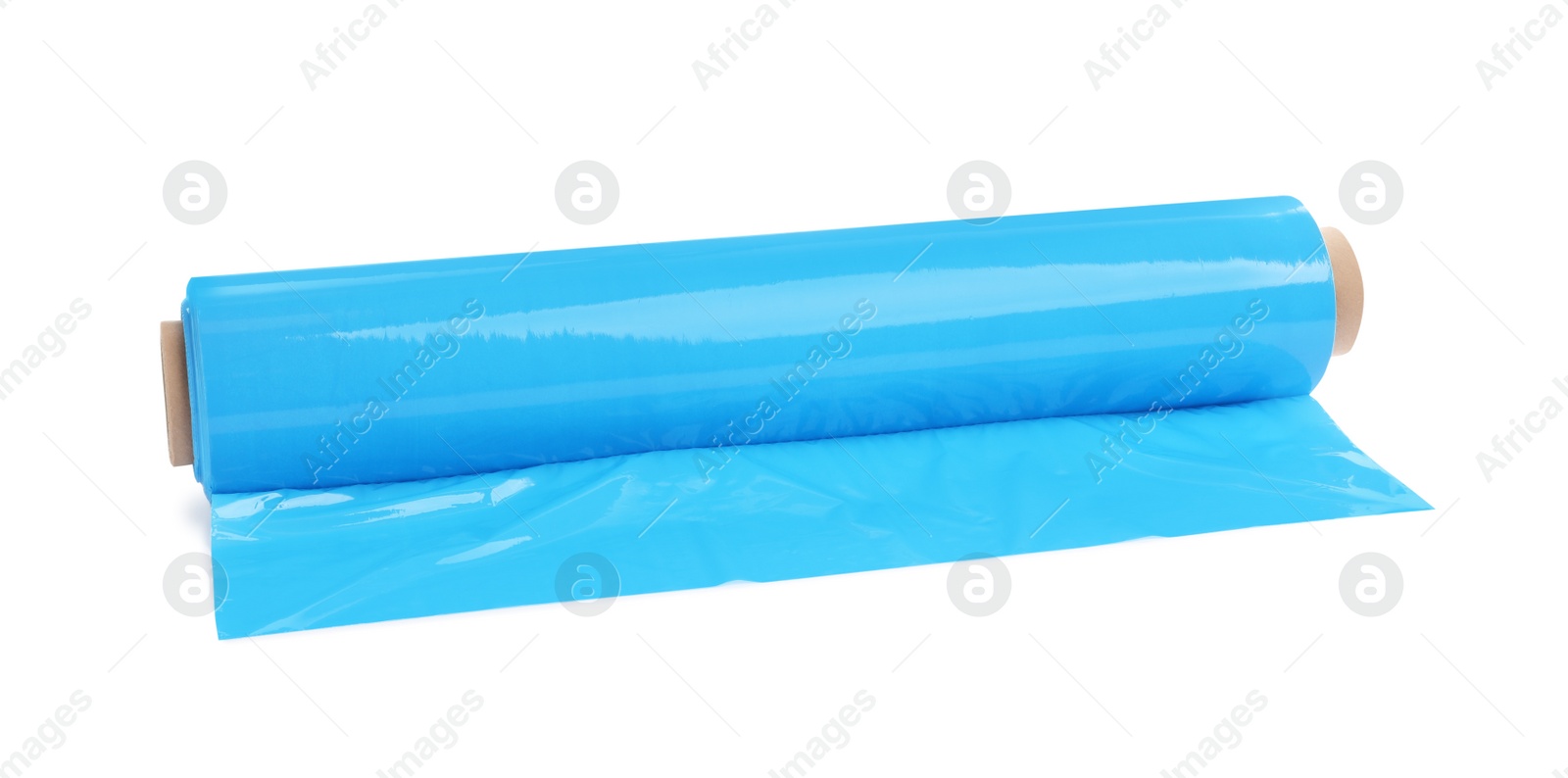 Photo of Roll of light blue stretch wrap isolated on white