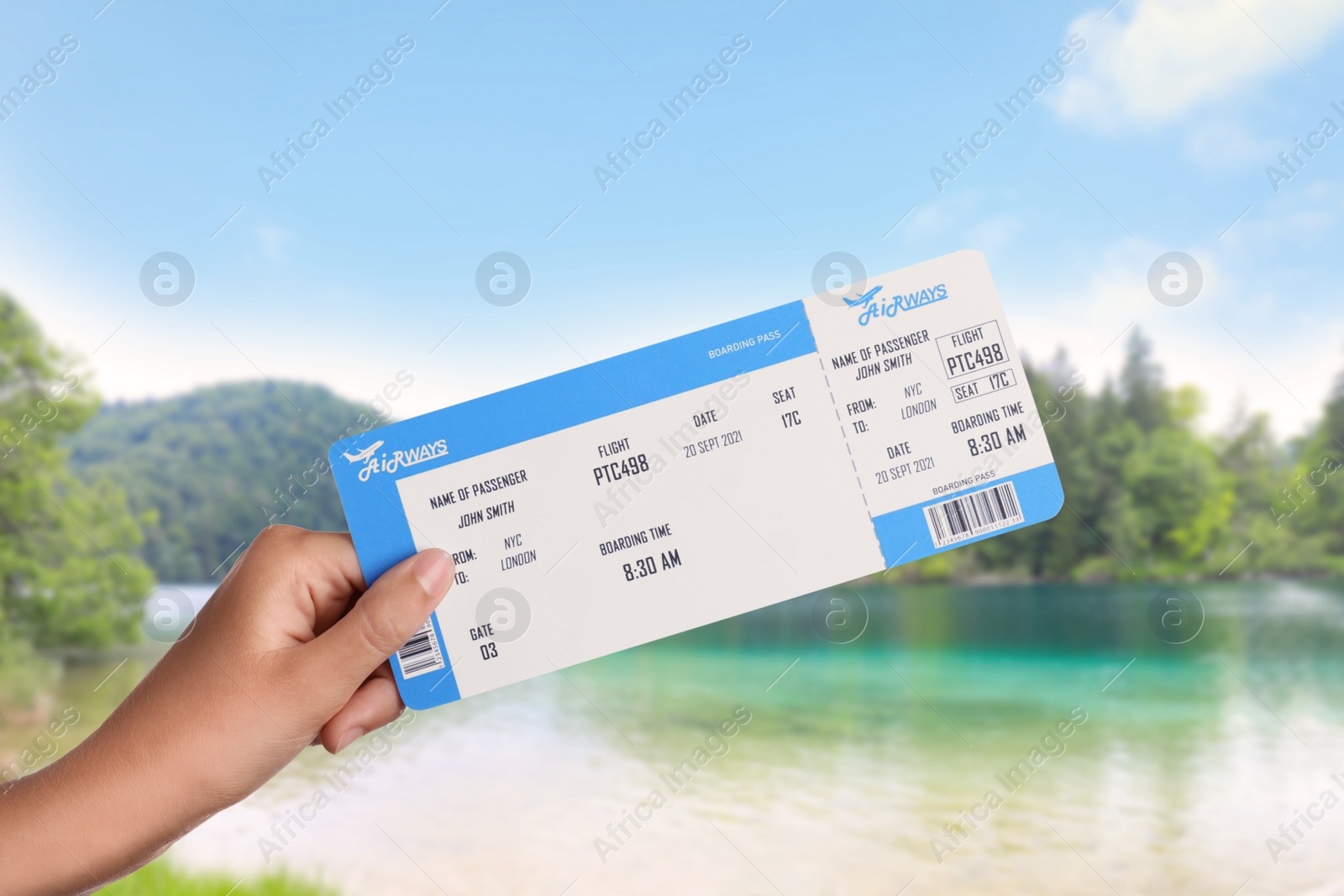 Image of Woman holding ticket near bay, closeup. Travel agency service