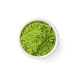 Photo of Green matcha powder in bowl isolated on white, top view