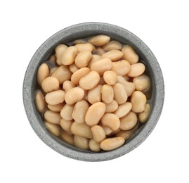 Photo of Bowl of canned kidney beans on white background, top view