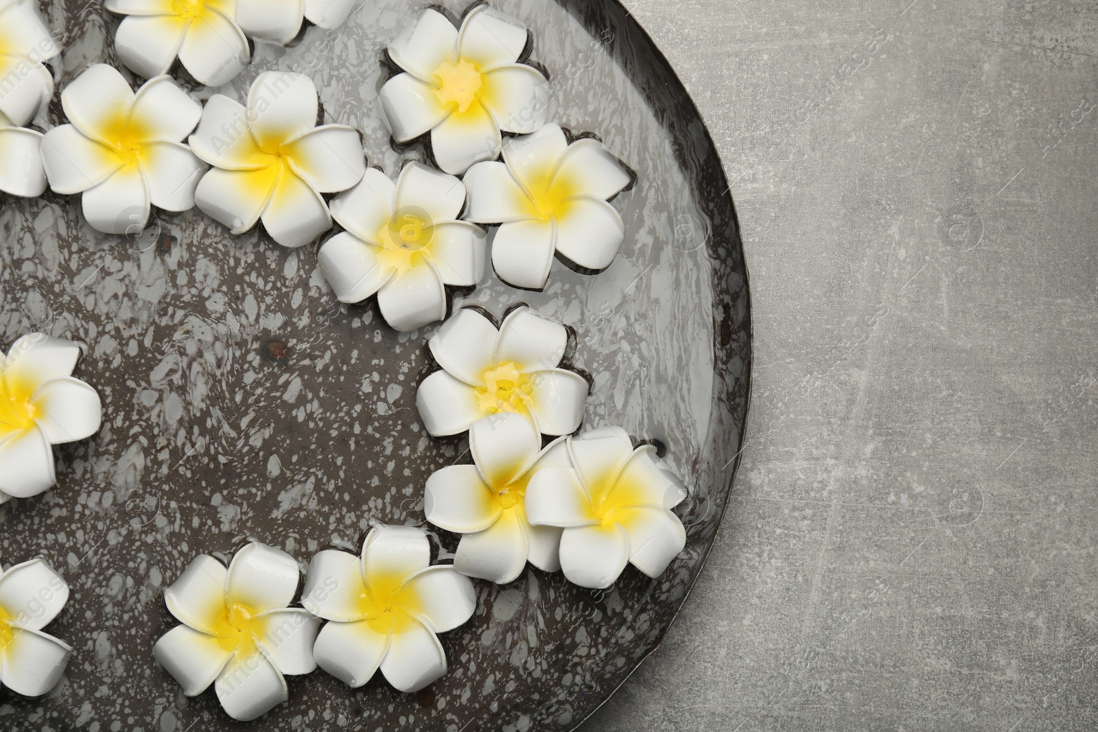 Photo of Bowl of water with flowers on light grey table, top view and space for text. Spa treatment