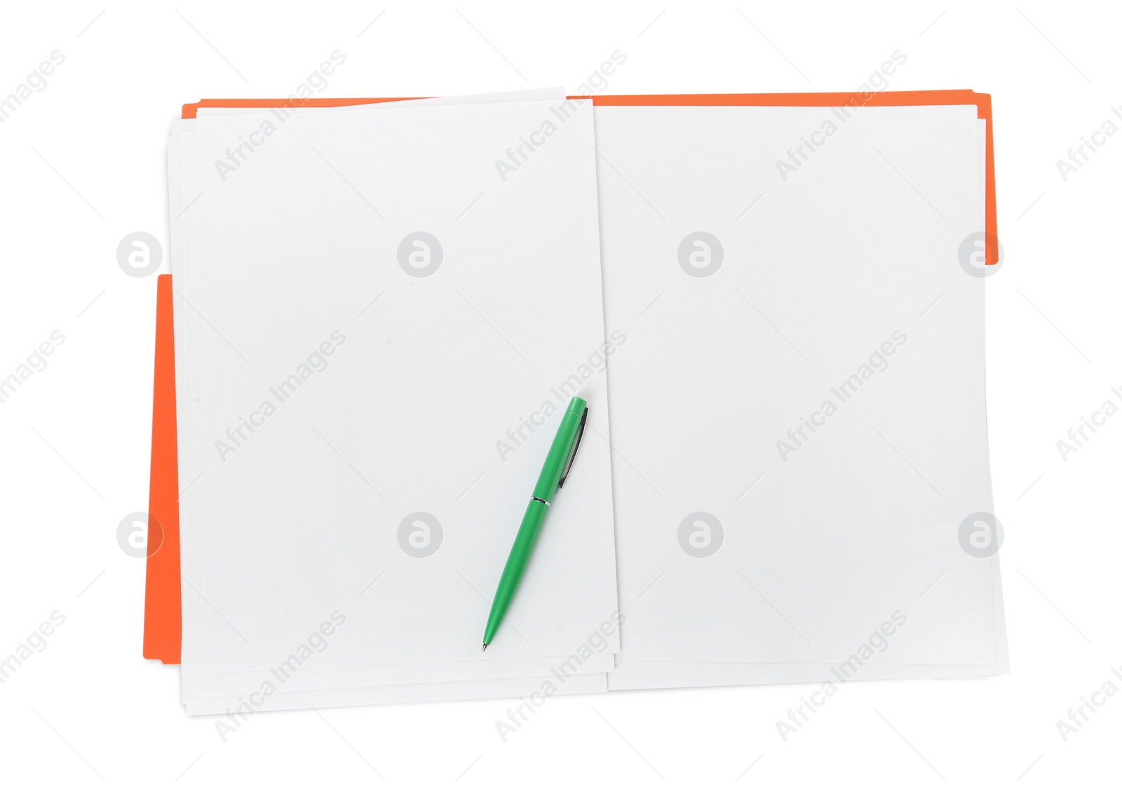 Photo of Orange file with blank sheets of paper and green pen isolated on white, top view. Space for design