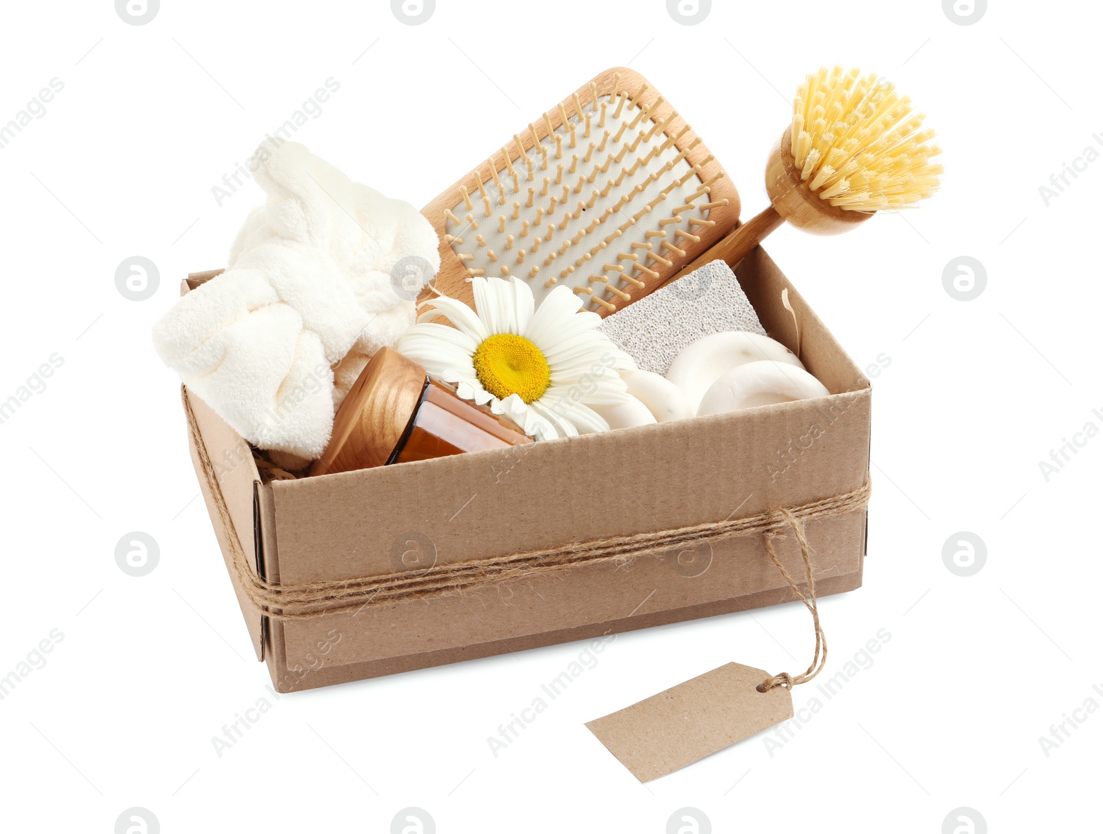 Photo of Spa gift set of different luxury products in cardboard box on white background