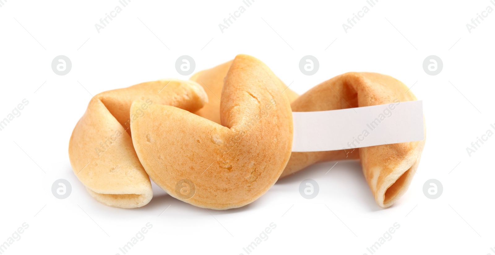 Photo of Traditional fortune cookies with prediction on white background