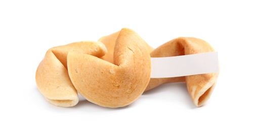 Photo of Traditional fortune cookies with prediction on white background