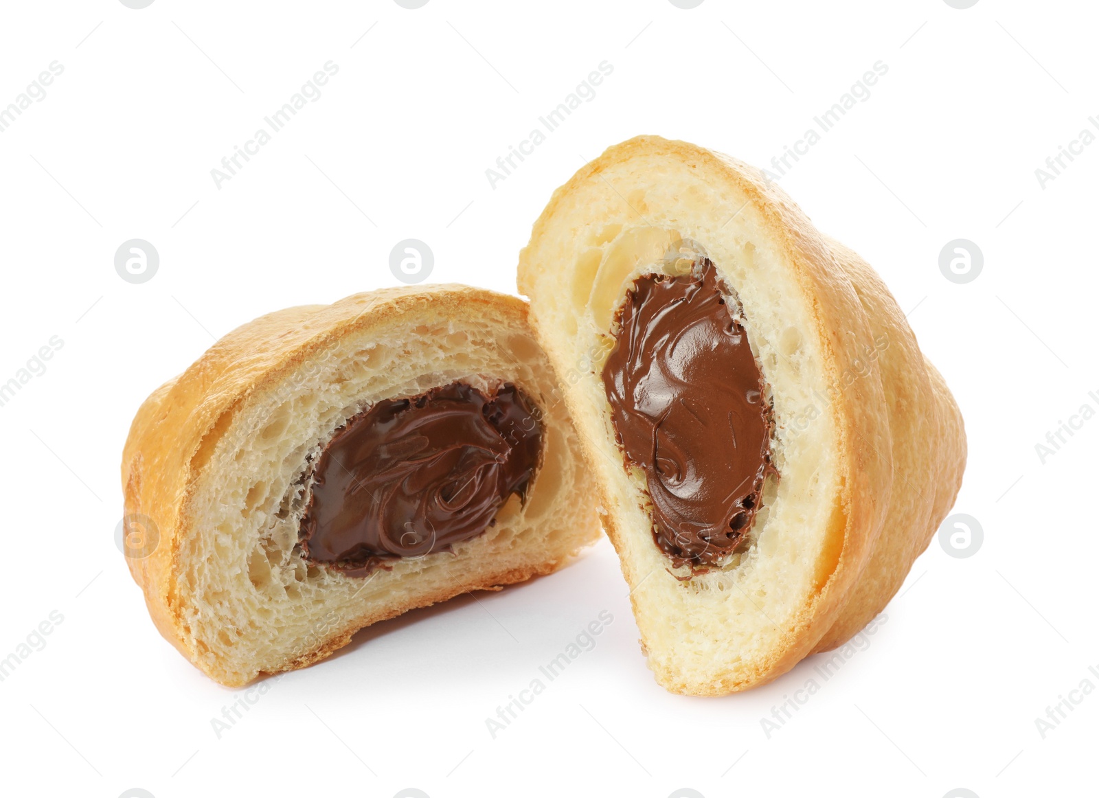 Photo of Delicious cut croissant with chocolate isolated on white