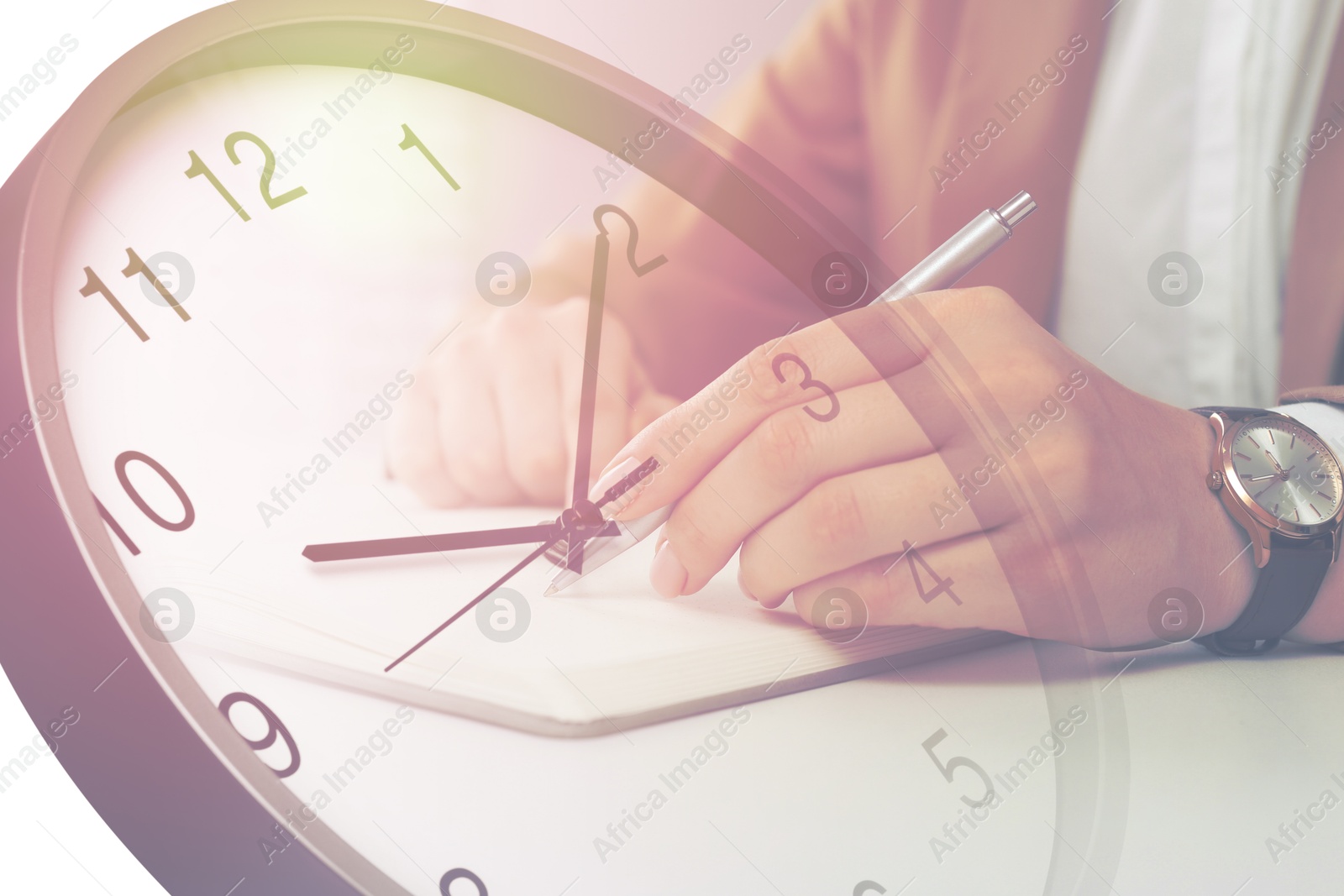 Image of Woman and clock, double exposure. Time concept