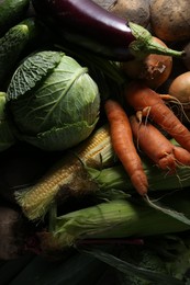 Photo of Different fresh ripe vegetables as background, top view. Farmer produce