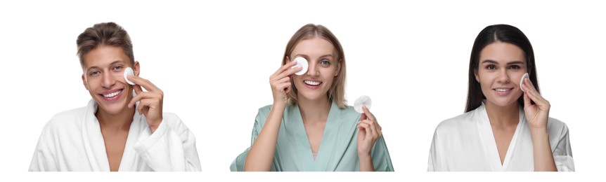 Image of People with cotton pads on white background, set of photos