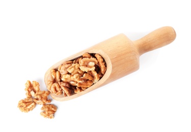 Wooden scoop with tasty walnuts on white background, top view