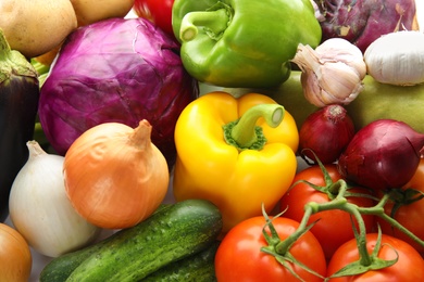 Photo of Many fresh ripe vegetables as background. Organic food
