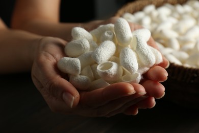 Photo of Woman holding white silk cocoons over wooden table, closeup