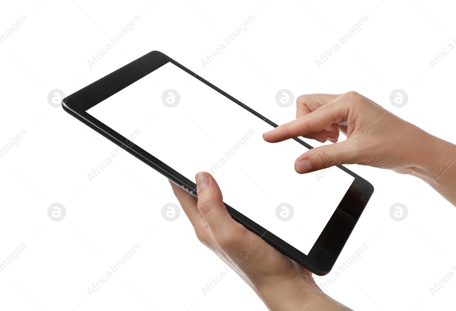 Photo of Woman using tablet computer with blank screen on white background, closeup. Modern gadget