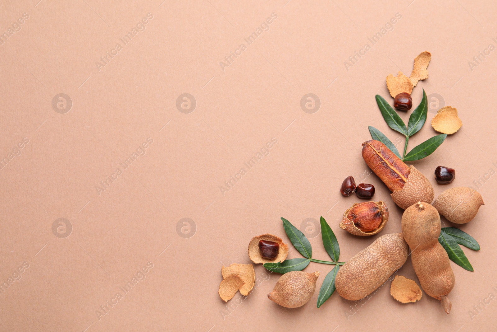 Photo of Ripe tamarinds and fresh leaves on beige background, flat lay. Space for text