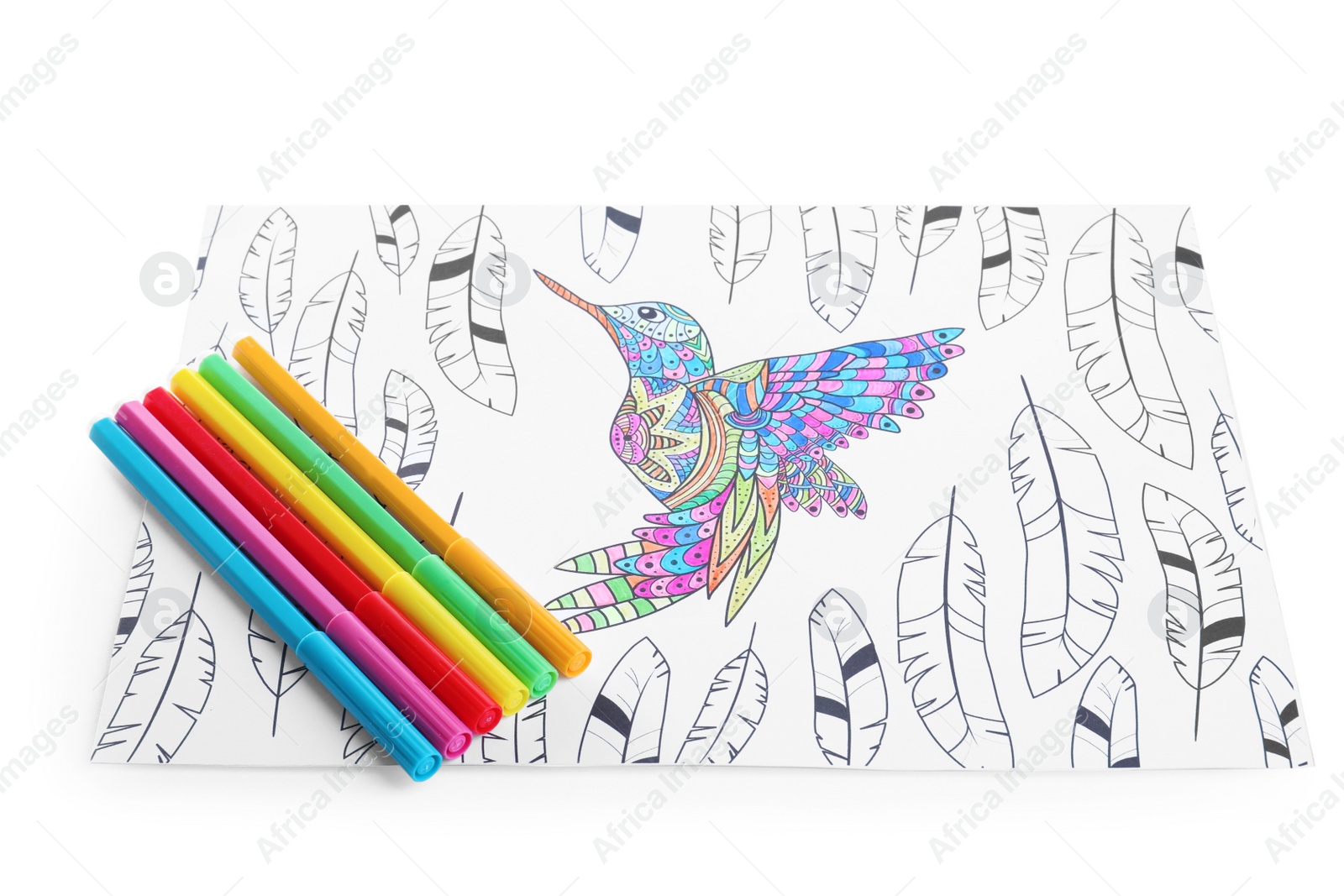 Photo of Antistress coloring page and felt tip pens on white background
