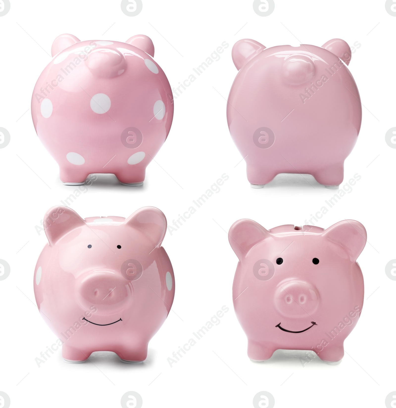 Image of Set with cute piggy banks on white background. Money saving