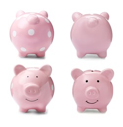 Image of Set with cute piggy banks on white background. Money saving