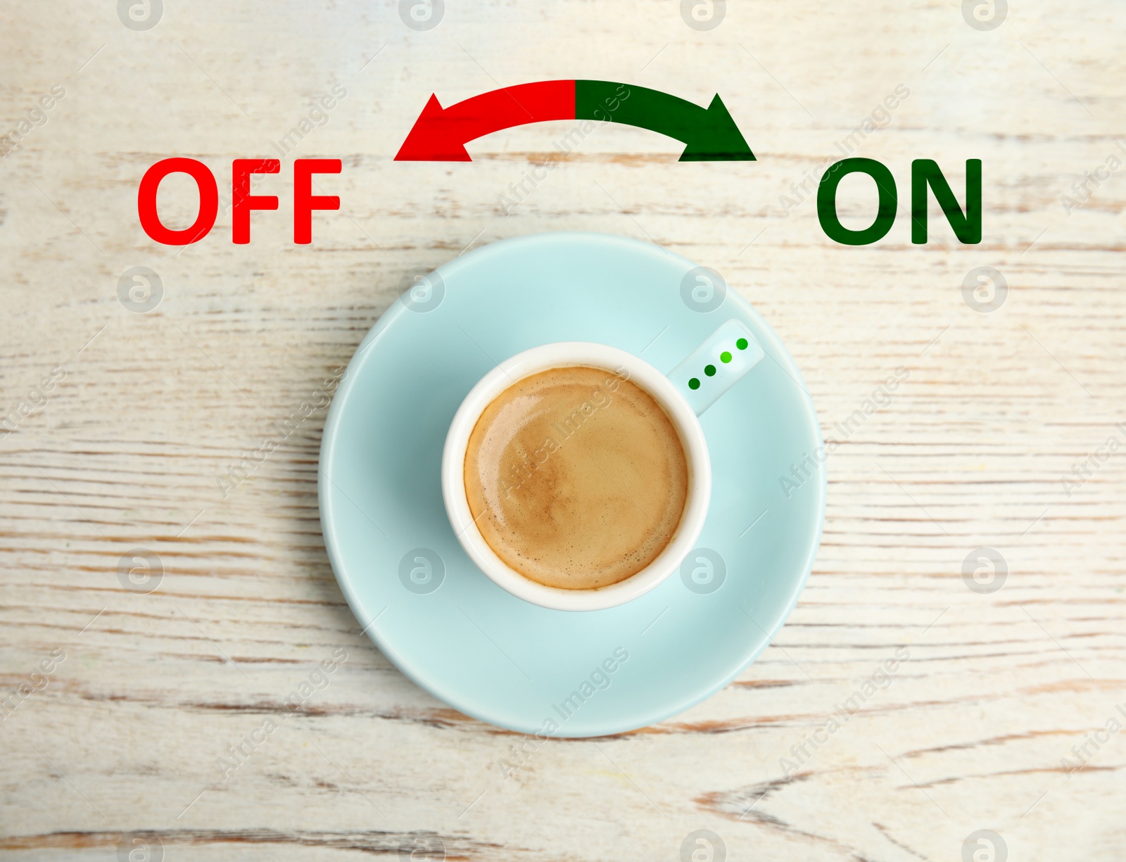 Image of Coffee break. Cup of aromatic hot drink on white wooden table, top view