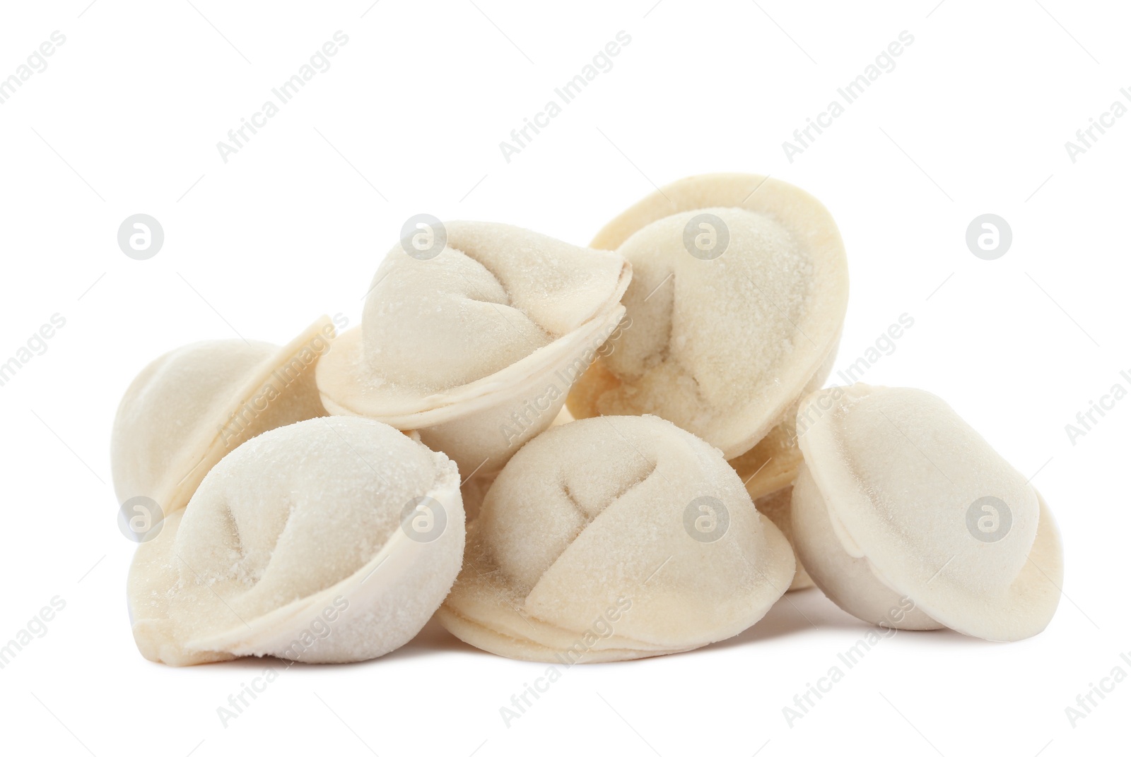 Photo of Heap of raw meat dumplings on white background