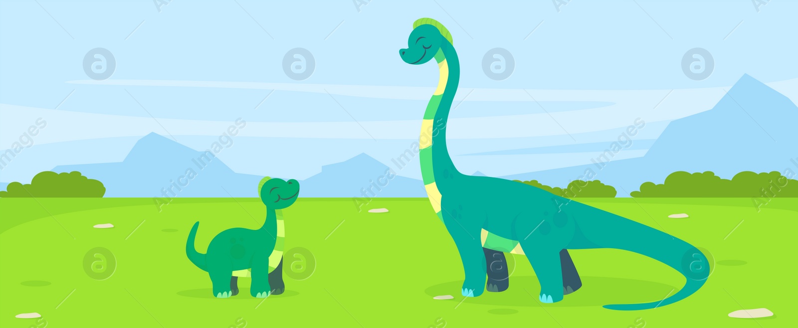 Illustration of Two dinosaurs on green meadow, illustration. banner design