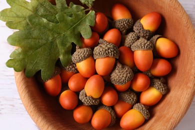 Photo of Bowl of acorns on white wooden table, closeup. Top view