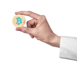 Person holding bitcoin isolated on white, closeup