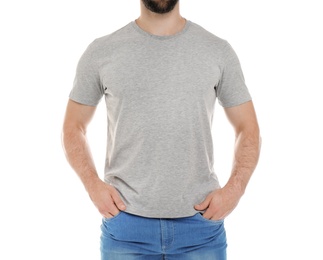 Young man in t-shirt on white background. Mockup for design