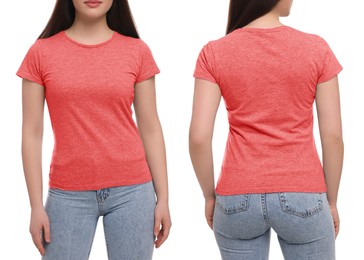 Collage with photos of woman in coral t-shirt on white background, closeup. Back and front views for mockup design