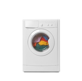 Photo of Modern washing machine with clothes isolated on white