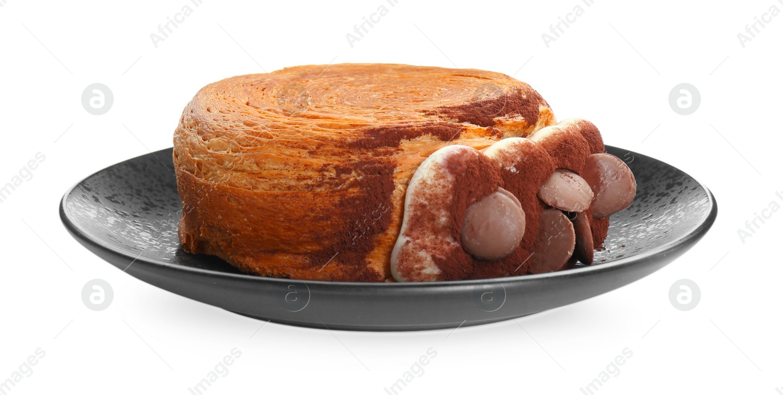 Photo of Round croissant with chocolate chips and cream isolated on white. Tasty puff pastry