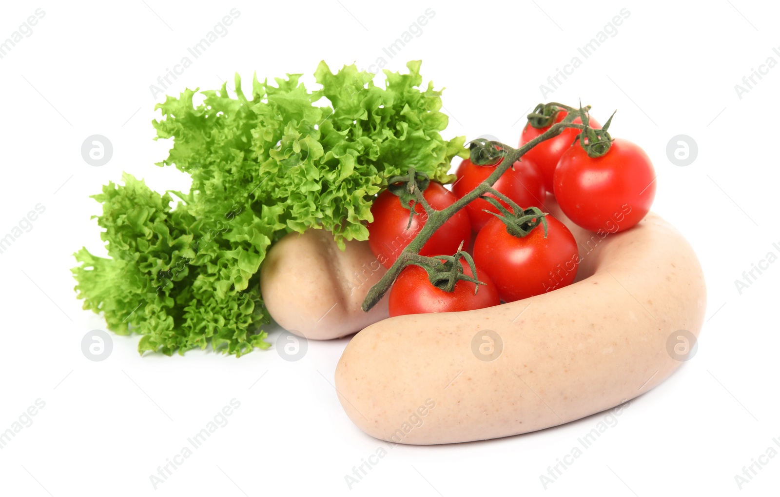 Photo of Delicious liverwurst with cherry tomatoes and lettuce on white background