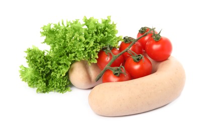 Photo of Delicious liverwurst with cherry tomatoes and lettuce on white background