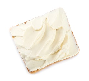 Photo of Toasted bread with cream cheese isolated on white, top view