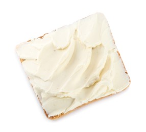 Toasted bread with cream cheese isolated on white, top view