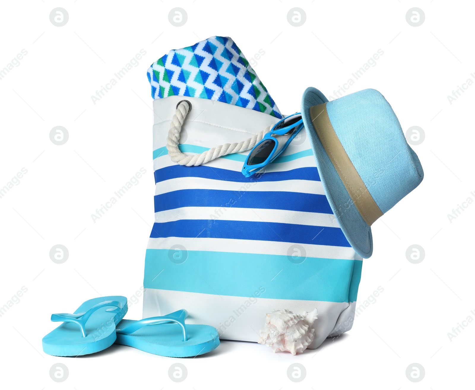 Photo of Composition with beach objects on white background