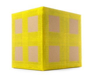 Photo of Cardboard parcel box with yellow sticky tape on white background