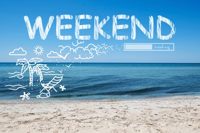 Image of Weekend coming soon. Illustration of progress bar and beautiful view of sandy beach on sunny day