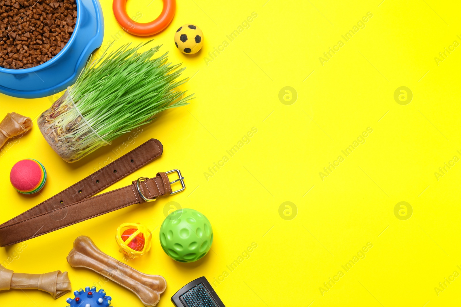 Photo of Flat lay composition with pet toys, accessories and bowl of food on yellow background, space for text