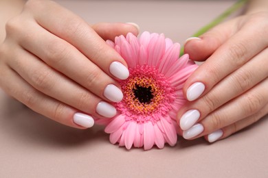 Photo of Woman with white nail polish touching pink gerbera flower on light brown background, closeup