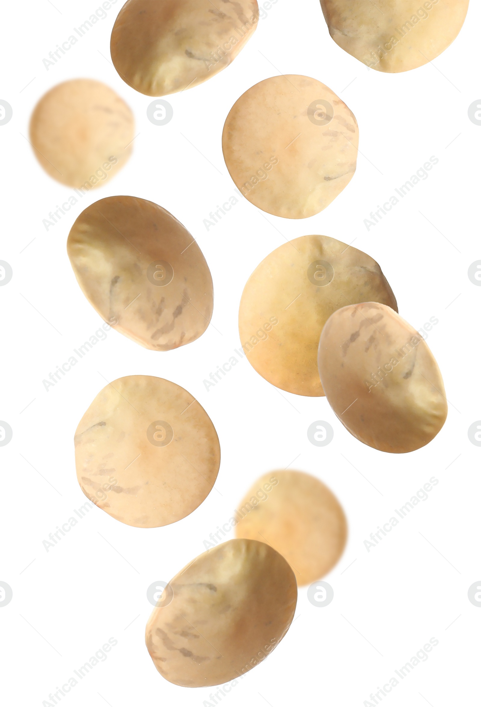 Image of Many lentils falling on white background. Vegan diet 